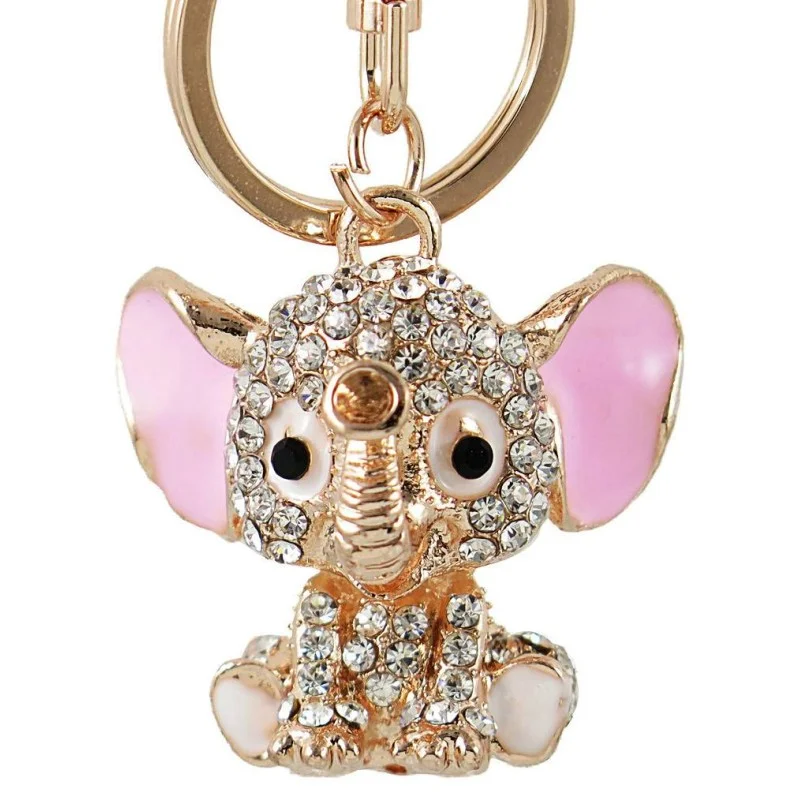 Porte-clés gravé éléphant assis avec oreilles roses