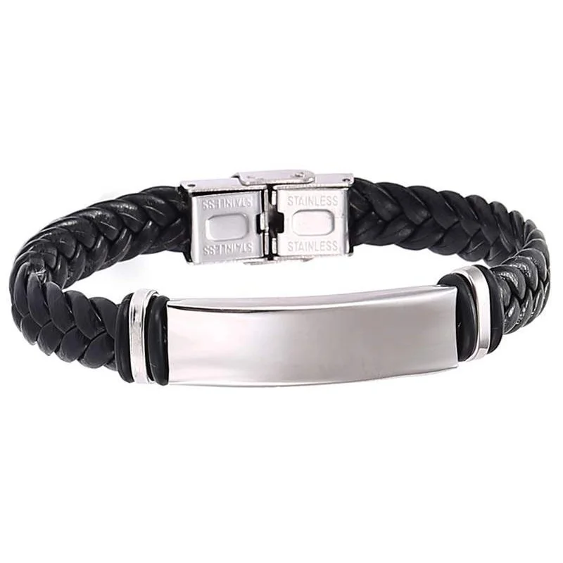 Bracelet mixte en simili cuir noir torsadé et inox